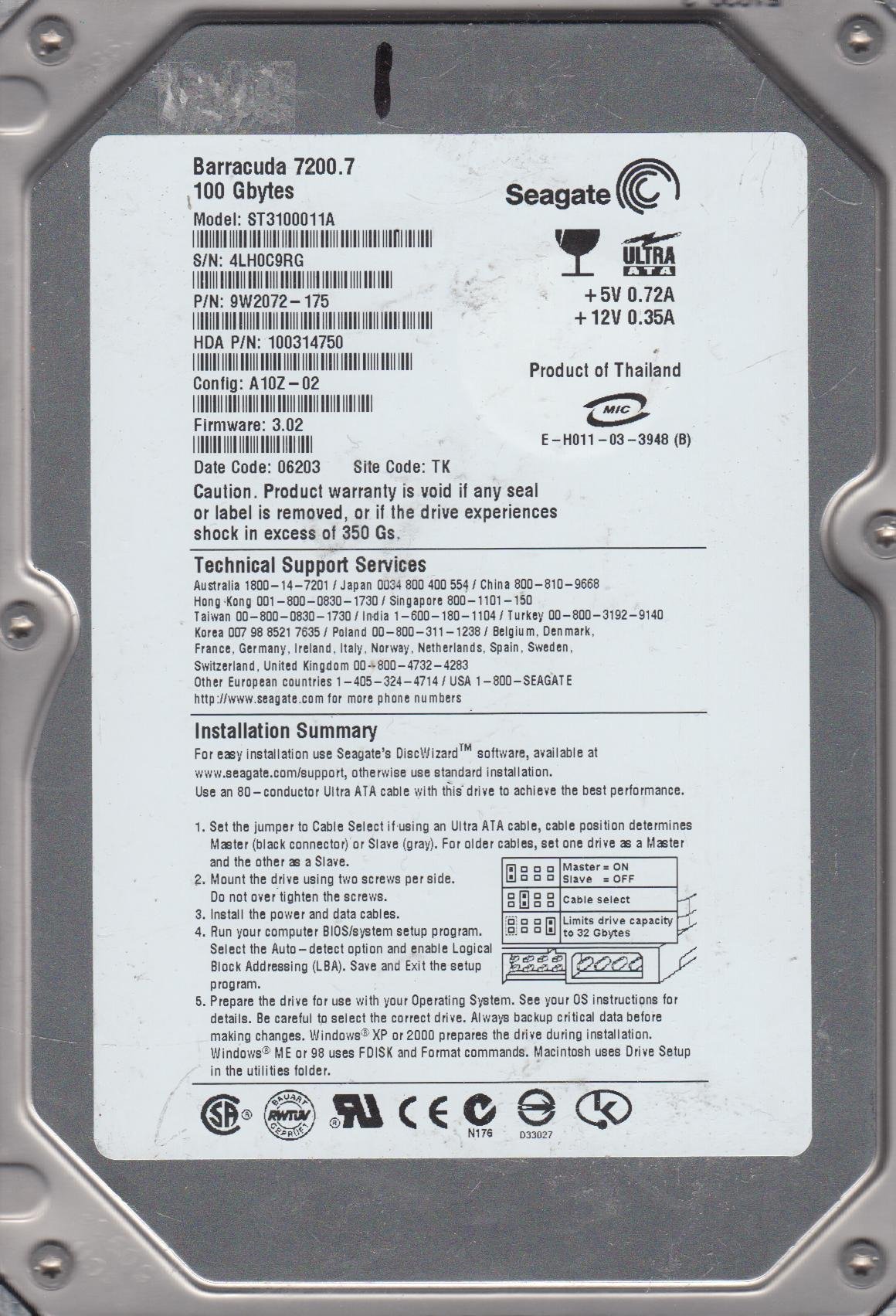 (未使用･未開封品)　st3100011?a、4lh、TK、PN 9?W2072???175、FW 3.02、Seagate 100?gb Ide 3.5ハードドライブ f4u0baa Amazon | st3100011 a、4lh、TK、PN 9 W2072 – 175、FW 3.02、Seagate